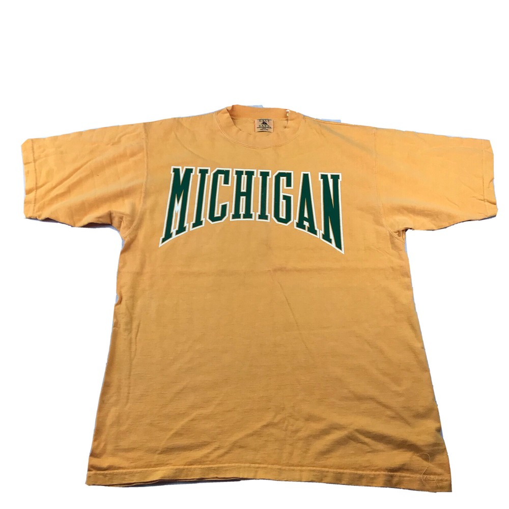 VTG Michigan Shirt Mens Large Yellow Green Graphic Tee Thick Cotton Galt Sand