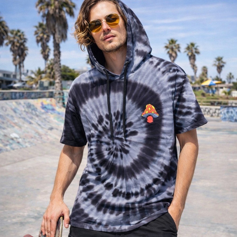 Tie Dye Hoodie Shirt Mushroom Embroidered Black Gray Spiral Cotton Size L