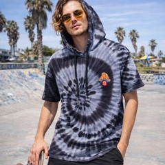 Tie Dye Hoodie Shirt Mushroom Embroidered Black Gray Spiral Cotton Size L