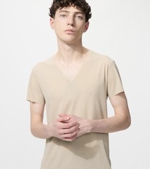 UNIQLO Micro Mesh Anti-Odor V-Neck T-Shirt AIRism Beige XL MEN New Sold Out