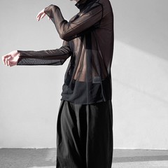 Men Mesh Sheer Turtleneck Long Sleeve Casual T Shirts Nightclub Party Top