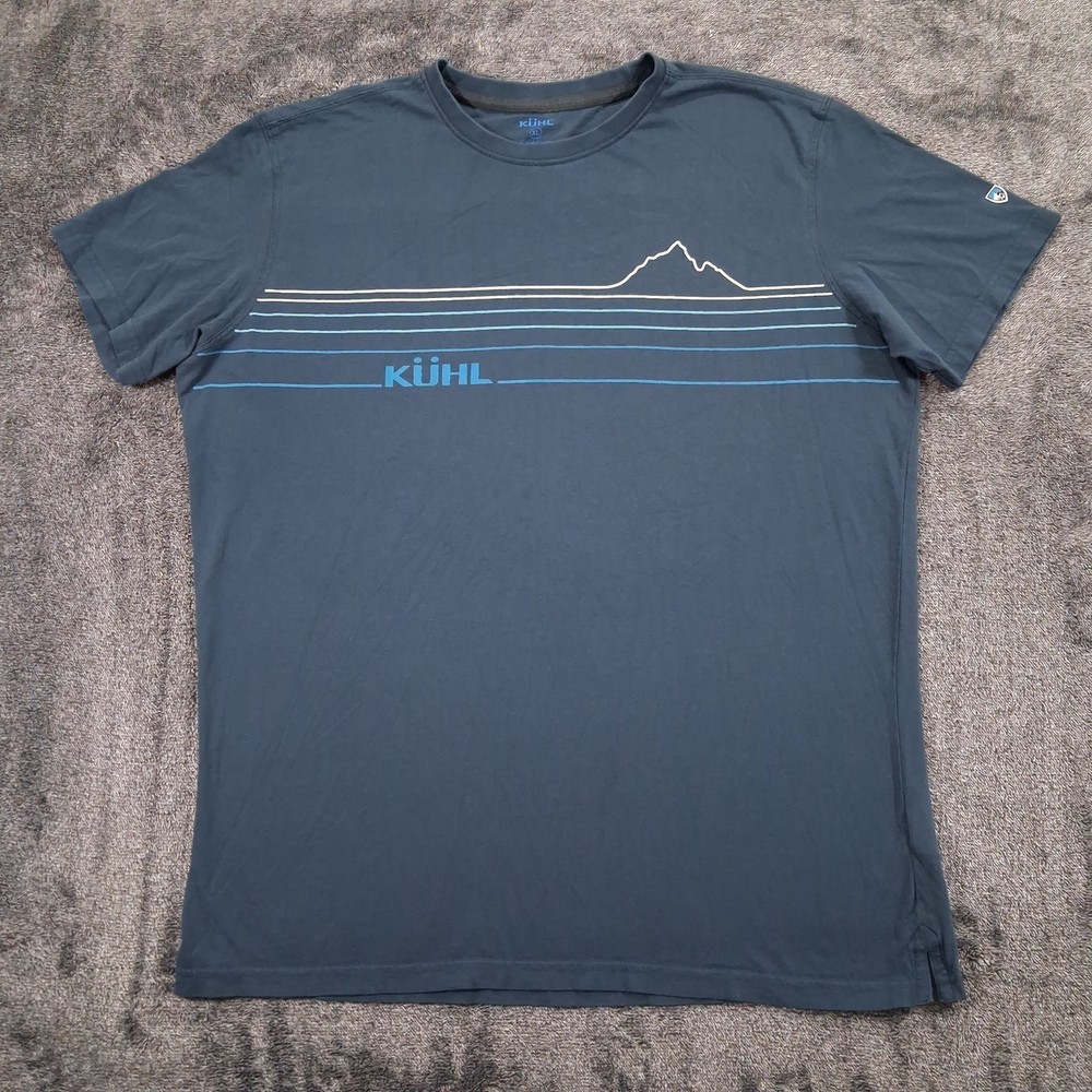 KUHL Wildfibre Mountain Lines T-Shirt Mens XL Blue Crew Neck Organic Cotton