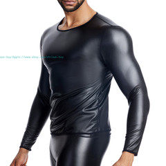 Men’s Round Neck Long Sleeve PU Leather T-shirt Party Club Pullovers Tops Casual