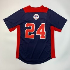 New Era ABA Baseball Jersey Mens M Medium Navy Blue Red Henley Short Sleeve