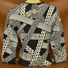Versace Men’s Medusa Greek Key Chain Print Long Sleeve Tee Black Ivory Size XL