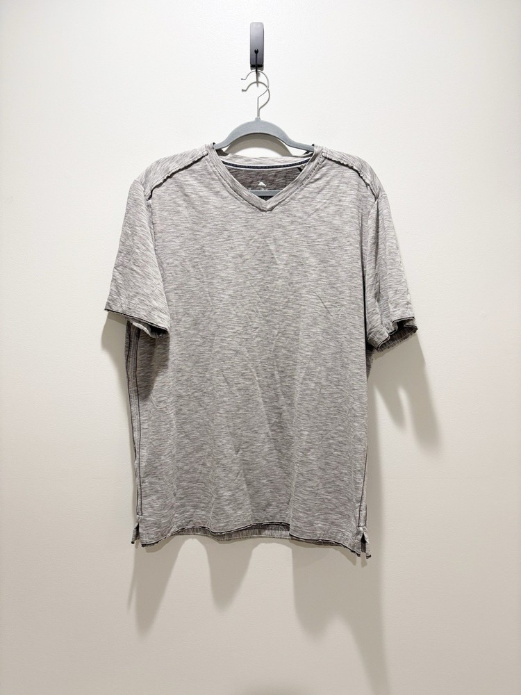 Tommy Bahama Light Gray V-Neck Short Sleeve Shirt IslandZone UPF 30 Casual Sz L