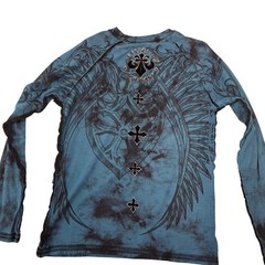 Affliction Live Fast Long Sleeve Tee Small Blue Crystal Wash Y2K Grunge