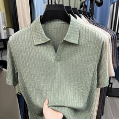 Men’s Breathable Knitted Polo Tee Short Sleeve V Neck Striped Fabric Lightweight
