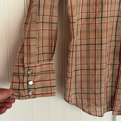 Vintage Men’s Western Shirt Neutral Plaid Pearl Snaps Button Down Medium Rodeo