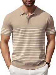 Men’s Striped Knit Polo Shirt Lightweight Short Sleeve Casual Collared Golf Tee