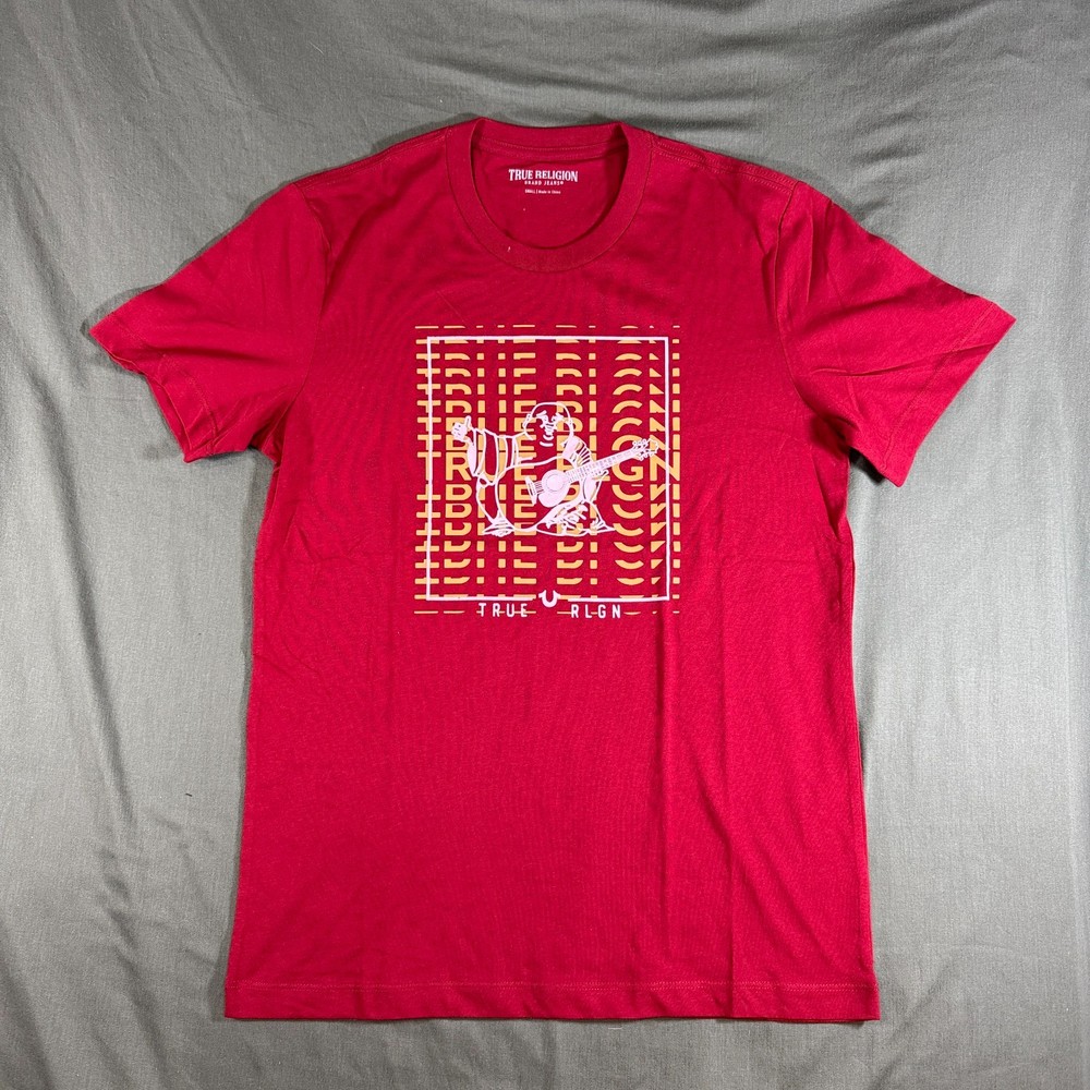 True Religion Mens Small Graphic T Shirt Red Buddha Guitar Logo Crew Neck