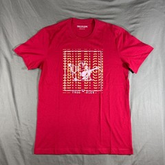 True Religion Mens Small Graphic T Shirt Red Buddha Guitar Logo Crew Neck
