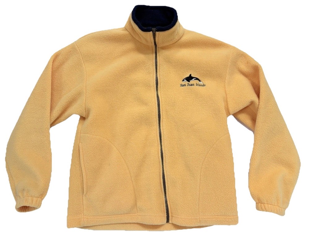 Vintage 90s San Juan Islands FLEECE Orca Whale YELLOW Small USA PNW WA State