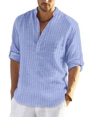 Men’s Cotton Hemp Long Sleeve Casual Beach Henley Shirt (Blue Stripe Large)