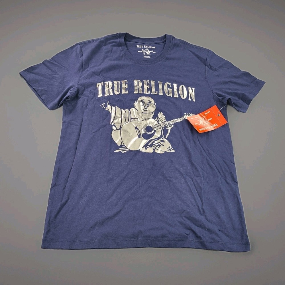 True Religion Men’s Silver Buddha SS Crew Neck Tee in navy, size M