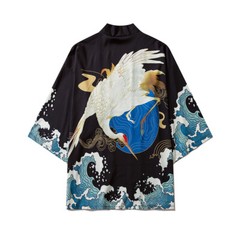 Niepce Streetwear Japanese Black Kimono Graphic Tee Cranes Short Sleeves Shirt